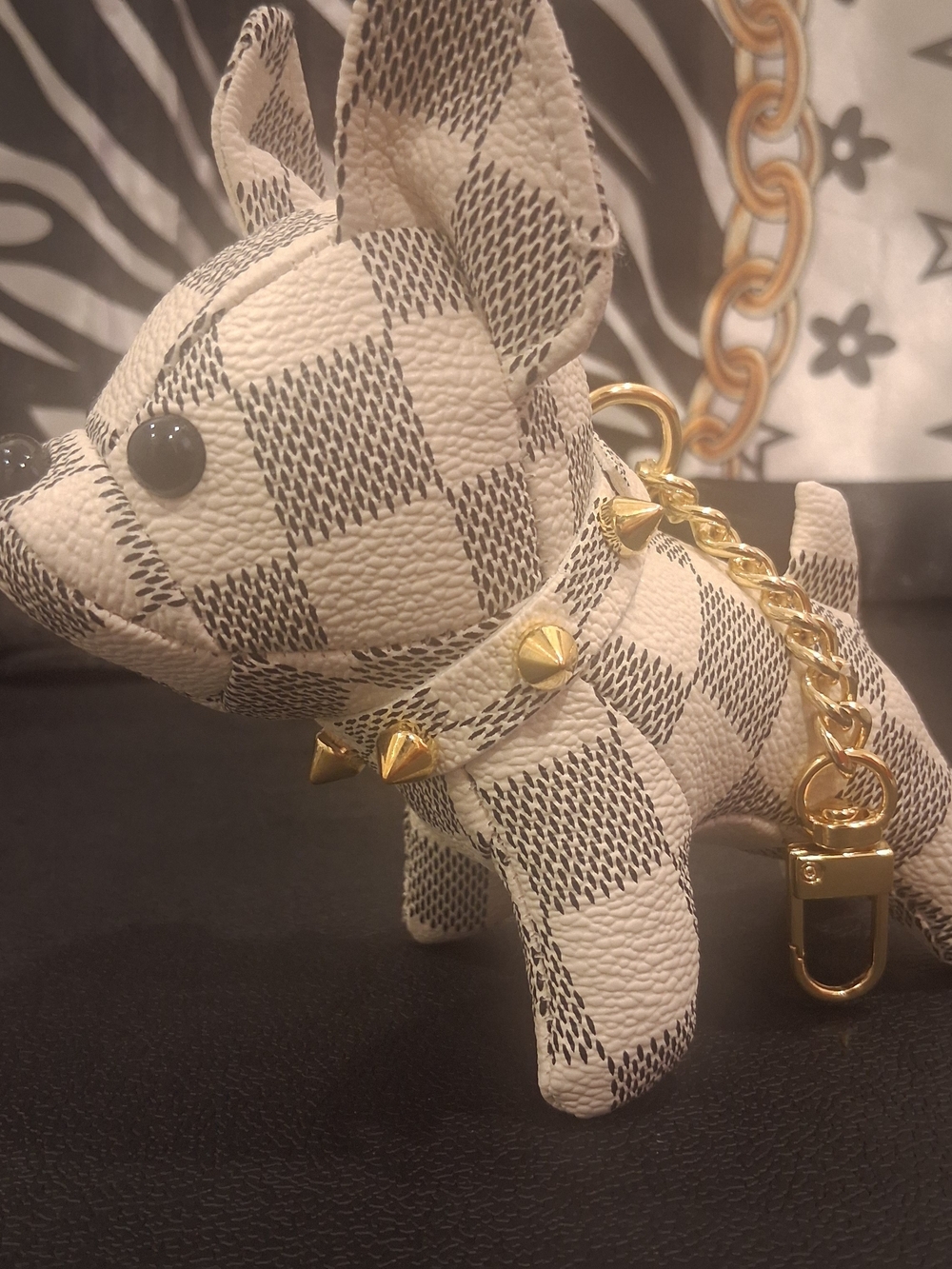 Checkered Puppy Charm Keychain with Gold Studs
